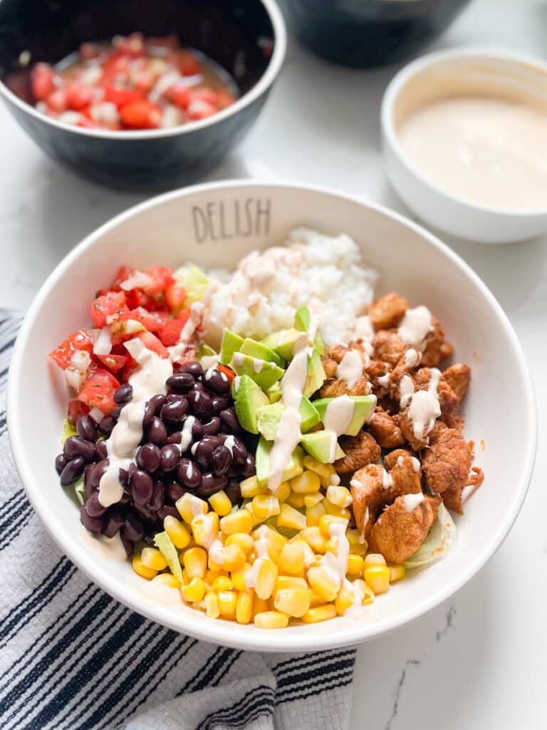 Chicken burrito bowls assembled